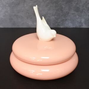Vintage 1930s Lenox China Bird Coral Pink White Powder Trinket Box Candy Dish